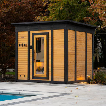 Backyard Poolside Sauna and Interlocking Patio