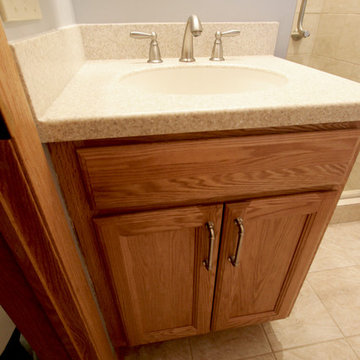Small Bathroom Remodel with Corian Countertop, Beige Tiled Shower ~ Copley, OH