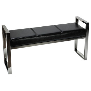 Cortesi Home Holden Contemporary Metal Entryway Bench, Black Faux Leather