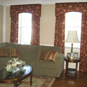 Shaped Cornices over Pleated Draperies, over Wood Blinds, Decorative Pillows