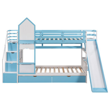 Gewnee Wood Twin-Over-Twin Castle Style Bunk Bed inBlue