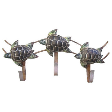 Coastal Washed Baby Sea Turtles Wood Metal Triple Hooks Wall Decor 10.5 Inches