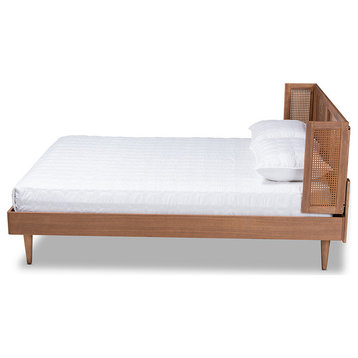 Rina Ash Wanut Wood & Rattan Queen Size Platform Bed with Wrap-Around Headboard