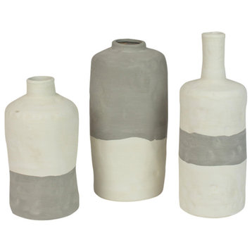 Mid Century Modern 2 Tone Textured Ceramic Bottle Vases Gray/Cream, 3-Piece Set