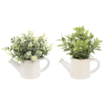 Eucalyptus & Tea Leaf In Cathedral Watering Can，Set Of 2