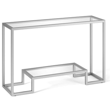 Elegant Glam Console Table, Geometric Base With Glass Top and Shelf, Satin Nicke