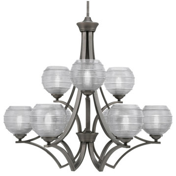 Zilo, 9 Light, Chandelier, Graphite Finish With 6" Clear Ribbed Glass