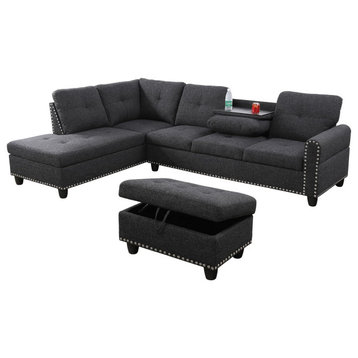 Right L-Shaped Sectional Sofa, Linen Seat With Drop Down Cup Holders, Black Gray