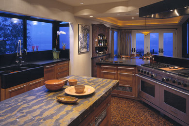Inspiration for a mid-sized asian separate kitchen in Seattle with a double-bowl sink, beaded inset cabinets, light wood cabinets, granite benchtops, stainless steel appliances and with island.