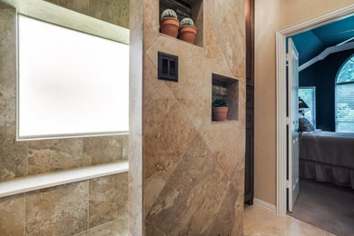 Example of a mid-sized classic multicolored tile and ceramic tile ceramic tile, multicolored floor and single-sink bathroom design in Dallas with shaker cabinets, light wood cabinets, a two-piece toilet, beige walls, a drop-in sink, granite countertops and a built-in vanity