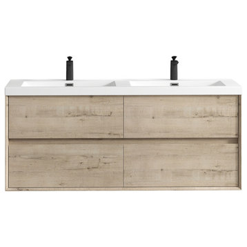 SLIM Light White Oak Wall Mount Vanity, Reinforced Acrylic Sink, 60" Double