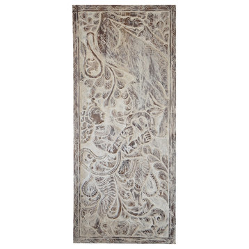 Consigned Vintage Whitewashed Krishna Wall Art, Carved Artistic Barn Door