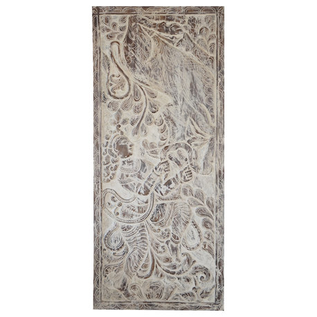 Consigned Vintage Door Panel Carved Wood Krishna White Wall Art Barn Door 83
