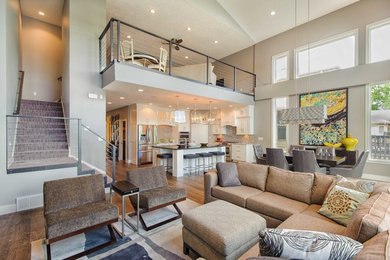 Large transitional formal and loft-style medium tone wood floor living room photo in Other with gray walls, a tile fireplace and a ribbon fireplace
