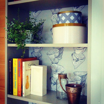 Wallpapered bookcase