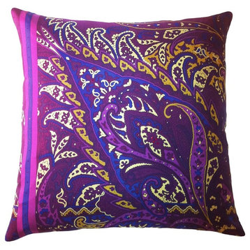 Fiore Exploded Vintage Silk Print Paisley Pillow, Eggplant