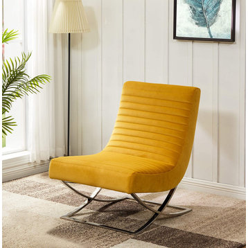 Unique Accent Chair, Stainless Steel Base & Curved Ribbed Velvet Seat, Yellow
