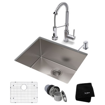 23" Undermount Stainless Steel Kitchen Sink, Pull-Down Faucet CH, Dispenser