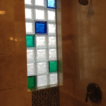 Bathroom Remodel Custom Marble Tile & Colored Glass Block Shower Window Toledo