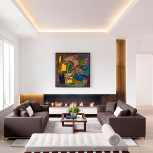 Diseño de salón para visitas abierto, nórdico, sin televisor, con paredes blancas, suelo de madera clara, marco de chimenea de piedra y chimenea lineal