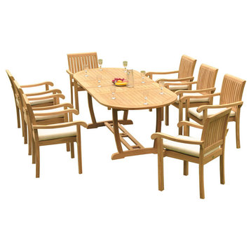 9-Piece Outdoor Teak Dining Set, 94" Masc Oval Ext Table, 8 Nain Stacking Chairs