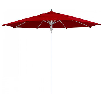11' Patio Umbrella Silver Pole Fiberglass Rib Pulley Lift Sunbrella, Jockey Red
