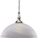 Volume Lighting - Durango 1-Light Brushed Nickel Interior Pendant - This Durango 1-Light Brushed Nickel Interior Pendant is UL listed, Dry location rated, and hardwired. This fixture features a(n) A19 base with a 150 watt max.