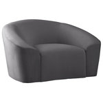 Meridian Furniture - Riley Velvet Upholstered Rounded Chair, Gray - Go for easy, breezy style with this lovely Riley velvet chair. The sleek grey velvet is a showstopper in the living room, den, or great room, adding a casual yet modern vibe wherever you choose to use it. The velvet material feels soft and welcoming to the touch, ensuring that your leisure time is well spent in cloud-like comfort. Pair it with other items in the Riley collection, or use it on its own as a standalone piece.