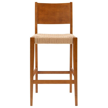 Linon Patty Wood 2 Tone Barstools Handwoven Rope Seat Set of 2 in Brown Stain