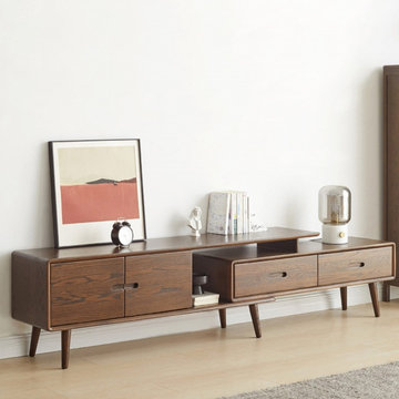 Walnut Extendable TV Stand with Storage Media Stand Wood TV Console Doors&Drawer