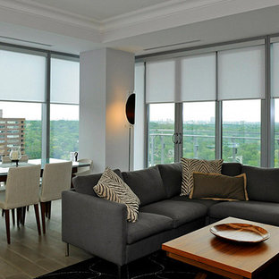 トロントの広いコンテンポラリースタイルのLDKの画像 (白い壁、トラバーチンの床、暖炉なし、マルチカラーの床)