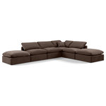 Meridian Furniture - Indulge Upholstered Modular U-Shaped Sectional, Brown, 6-Piece: 3 Armless Chair, 1 Corner Chair, 2 Ottoman, Down Stuffed Velvet - Experience ultimate comfort and style with our brown velvet Indulge Sectional. The luxurious velvet will elevate the aesthetic of any room. This sofa provides ample space for you to relax while its modular build offers the option of unlimited configurations. Whether you're looking to add a stylish element to your living room or a comfortable seating option to your bedroom, this sofa is the perfect choice.