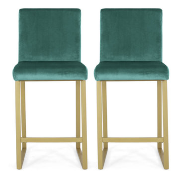 GDF Studio Lexi Modern Glam Velvet Barstools, Set of 2, Turquoise