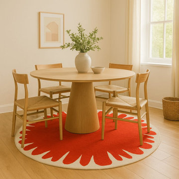 Round Red Wool Blend Rug, Abstract Floral Design, Handmade Carpet