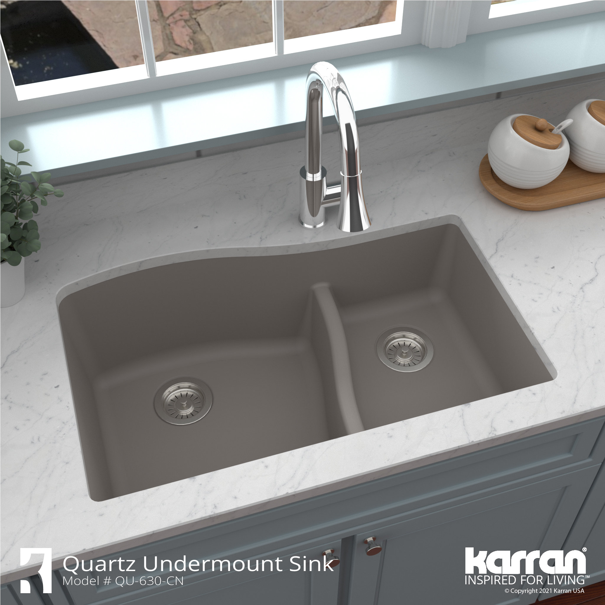 Karran Undermount Quartz 32" 60/40 Double Bowl Kitchen Sink, Concrete