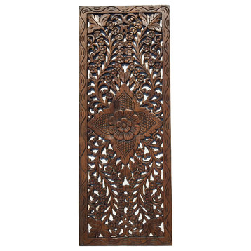 Large Floral Wood Carved Wall Panel Decoration. Wall Relief Panel, Brown
