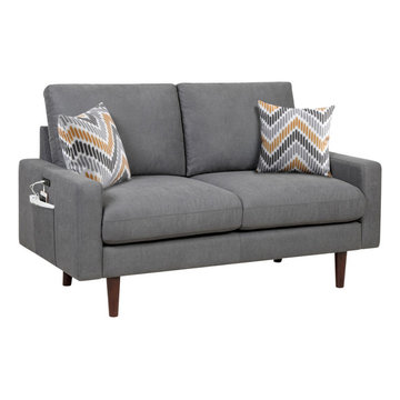 Abella 59" Mid-Century Modern Woven Loveseat Couch with USB Charging Ports & Pil