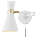 Light Society - Beaker Plug-In Wall Sconce, White - The Beaker Plug-In Wall Sconce has dramatic genius down to a science with its double flare profile accentuated by a chic band of brushed brass. This elegant iron-crafted piece accommodates the illumination demands of any space with jointed arms which swivel horizontally, a shade featuring vertical swivel capability and cord with an easy on/off switch. Enjoy convenient lighting that performs with flair anywhere, from the dining room to hallway to home office.