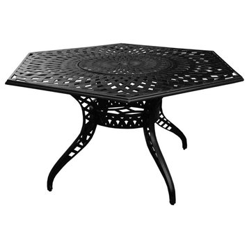 Modern Outdoor Dining Table, Hexagonal Patterned Top With Lazy Susan, Black