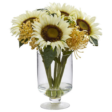 12" Sunflower & Sedum Artificial Arrangement, Vase