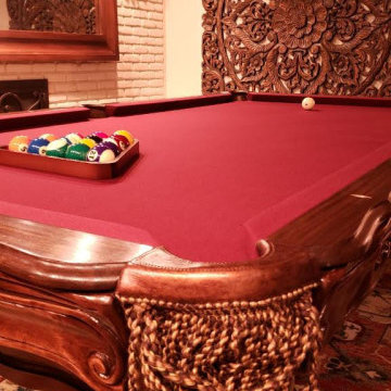 Hand carved mahogany antique pool table construction and installation
