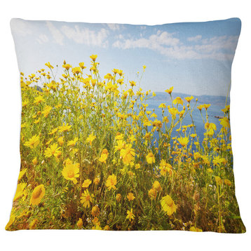 Little Yellow Flowers over Seashore Flower Throw Pillow, 16"x16"
