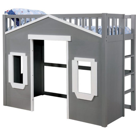 Bowery Hill Transitional Wood Kids Twin Playhouse Loft Bed in Gray/White