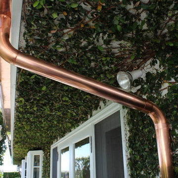 Copper Rain Gutters, Brentwood, K-5 with Round Downspouts and Heavy Rain Chain