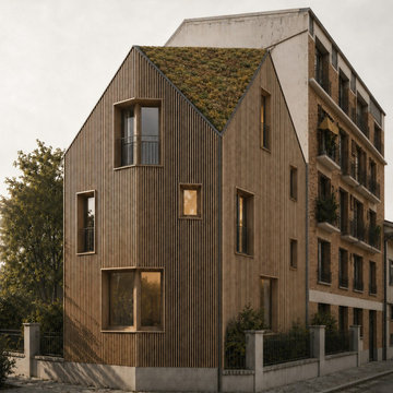 Façade bois sur rue, toiture végétalisée