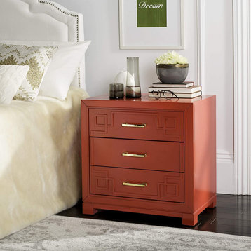 Contemporary Nightstand, 3 Storage Drawers With Greek Key Patterned Front, Red
