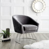 Alice Velvet Barrel Accent Chair With Metal Base, Gray and Silver