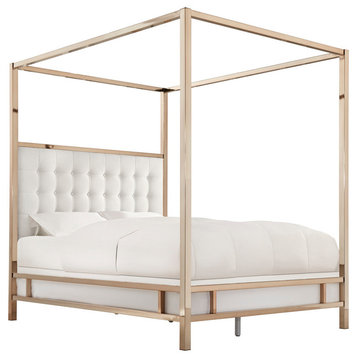 Safira Modern Metal Canopy Bed in Champagne Gold, Off-White, King