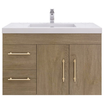 Rosa 36" Wall Mounted Vanity with Reinforced Acrylic Sink (Left Side Drawers), White Oak