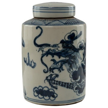 Vintage Style Blue and White Dragon Porcelain Round Jar, 7"